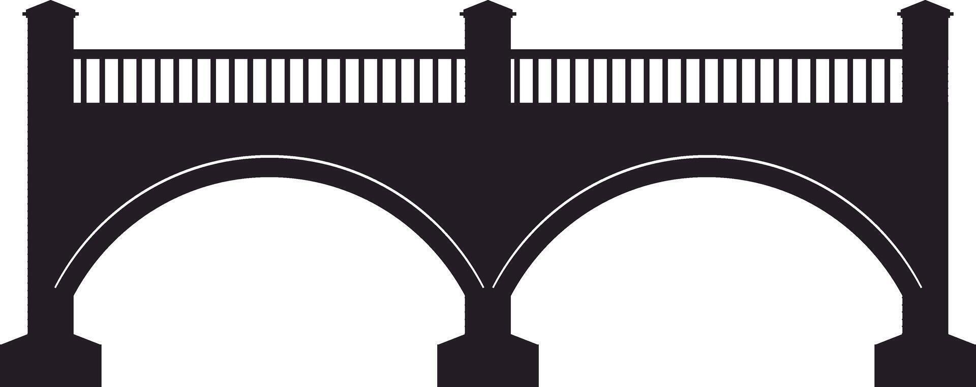 Simple black silhouette of an arched bridge with balustrade and two pillars, representing connection, infrastructure, and passage over an obstacle vector