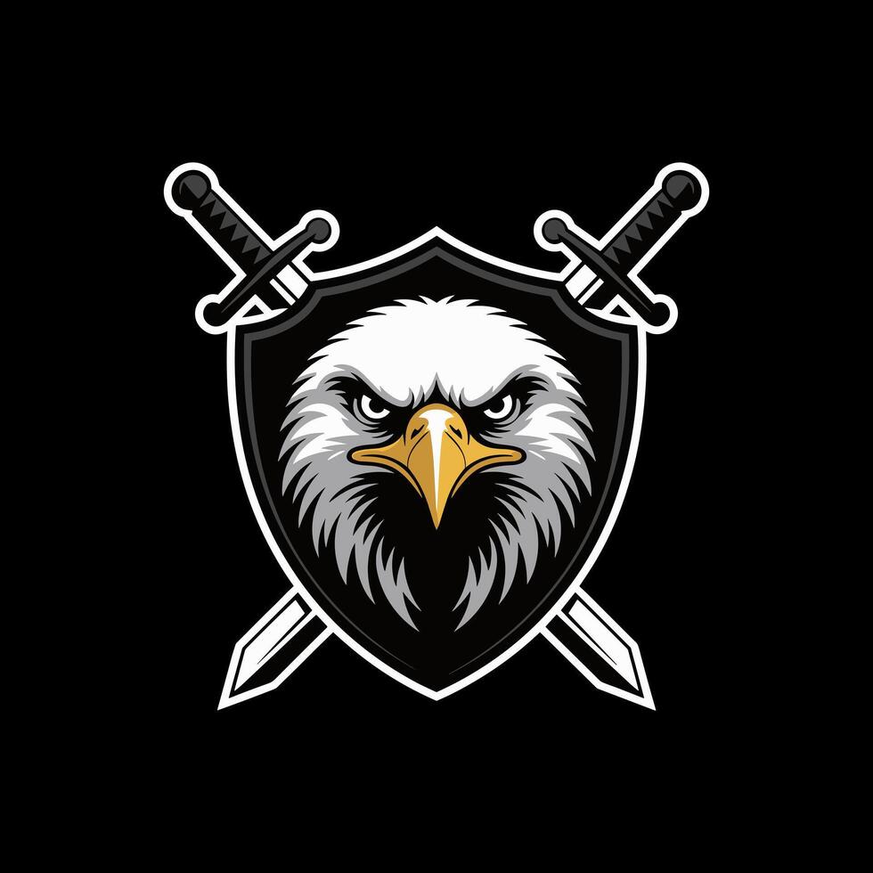 Majestic Bald Eagle Head on a Shield with Crossed Swords, Emblematic of Strength, Protection, and Freedom vector