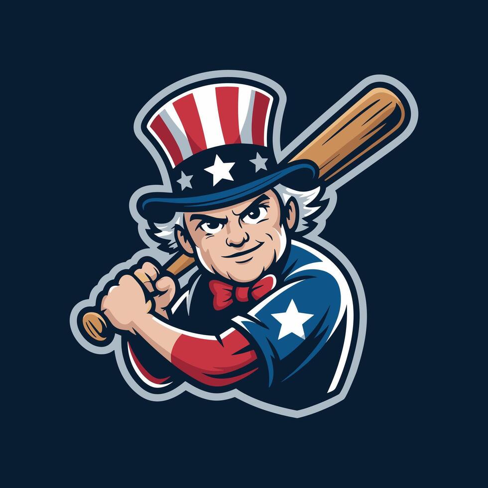 Aggressive Uncle Sam Mascot with a Baseball Bat, Wearing a Patriotic Hat and Uniform, Ideal for Sports and American Themes vector