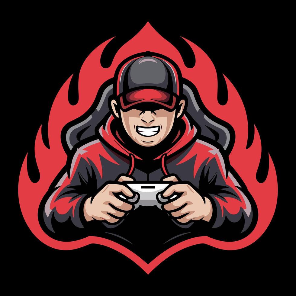 Intense Gamer Mascot with Controller and Fiery Red Background, Perfect for Esports Teams, Gaming Channels, or Online Streamers vector
