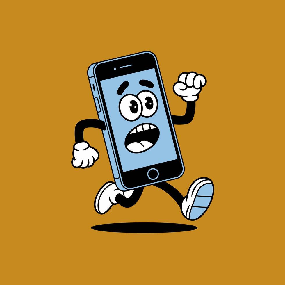 Expressive Cartoon Mobile Phone Character Running with Wide Eyes and Open Mouth on Brown Background vector