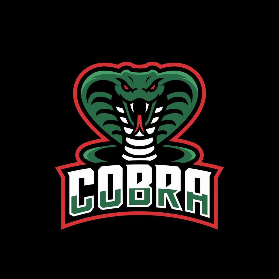 Fierce Green Cobra Head Mascot with Exposed Fangs and Red Outline on a Black Background, Ideal for Gaming or Sports Teams vector