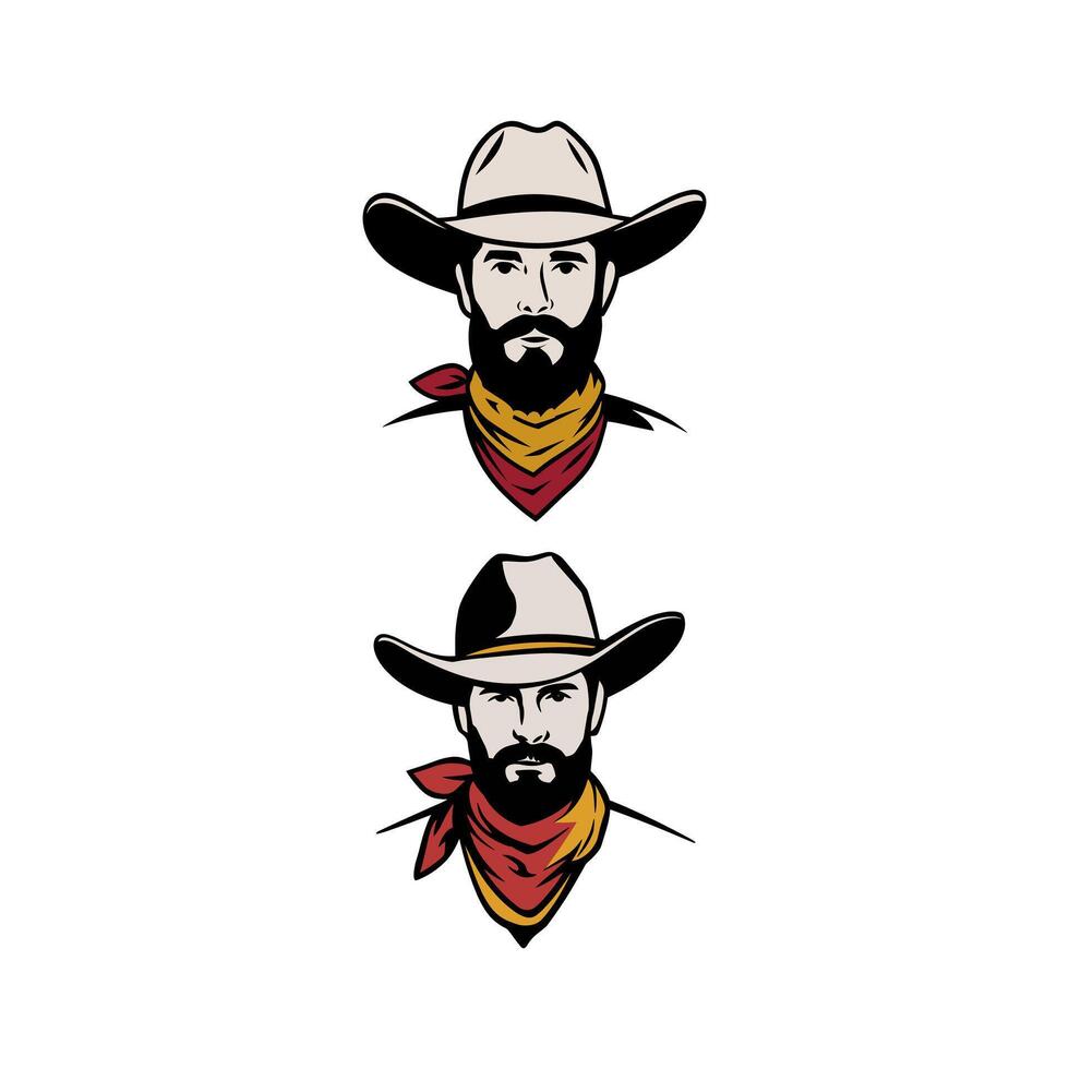 Two Cowboy Heads with Hats, Beards, and Bandanas in Beige, Red, and Yellow Colors vector