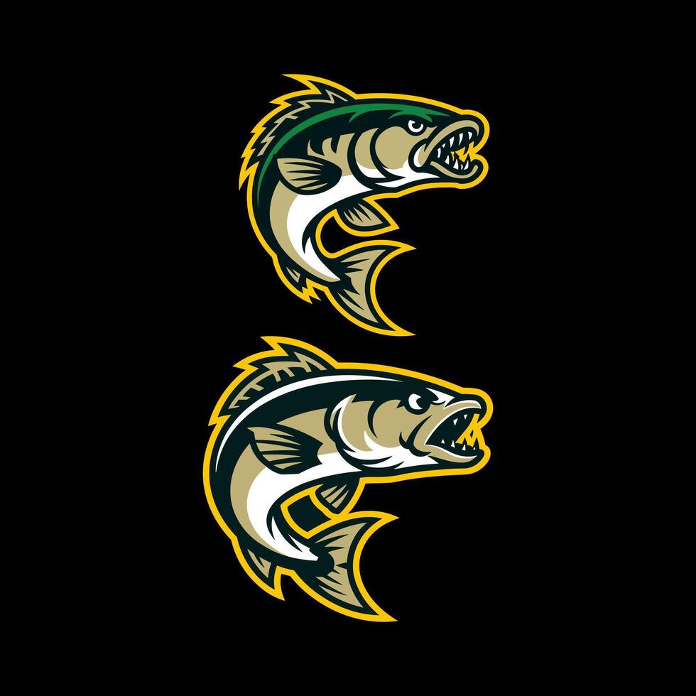 Two Dynamic and Aggressive Fish Mascot Designs in Green, Gold, and Grey with Open Mouths and Sharp Teeth vector