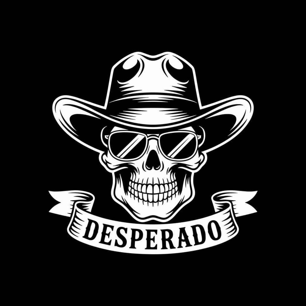 Grayscale Skull Wearing a Cowboy Hat and Sunglasses with a Desperado Banner on a Black Background vector