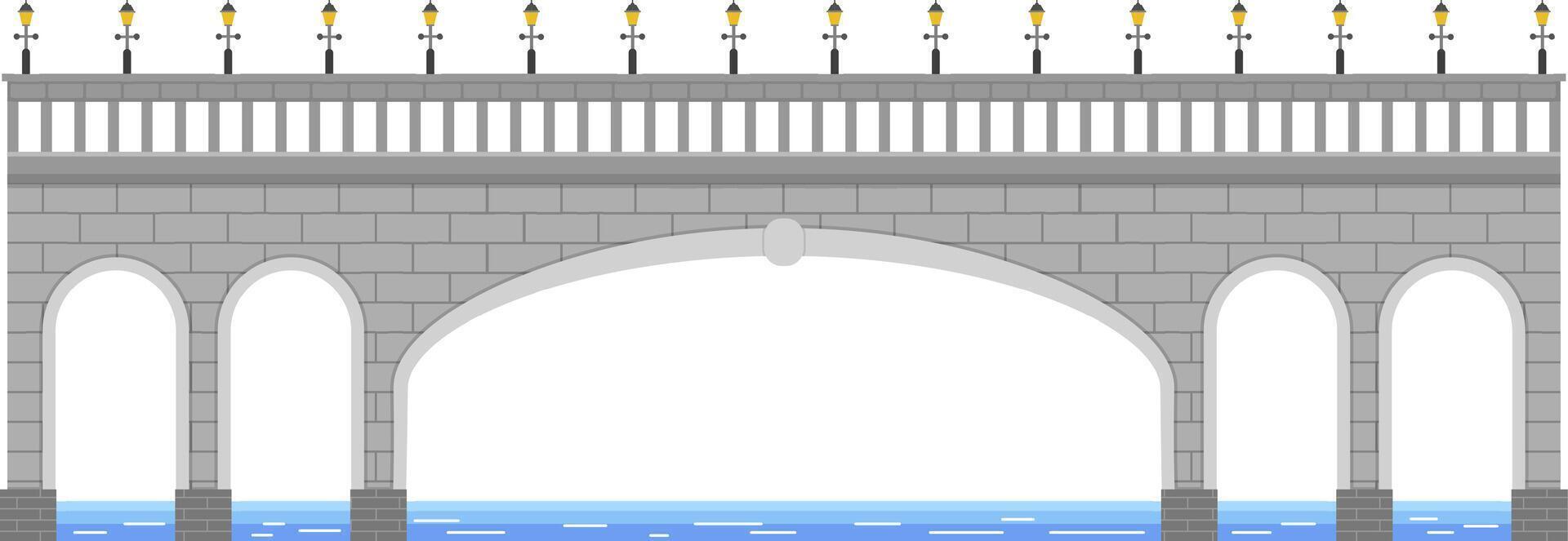 Stone bridge with street lamps illuminating the roadway over the river, urban architecture, connection and transportation infrastructure concept vector