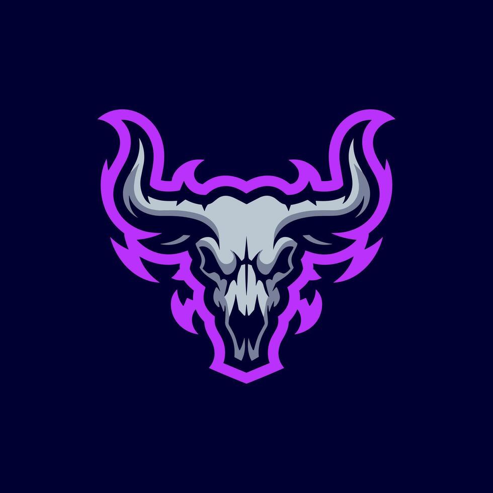 Bull Skull Mascot with Purple Outline and Abstract Flames on a Dark Blue Background, Ideal for Sports or Gaming vector