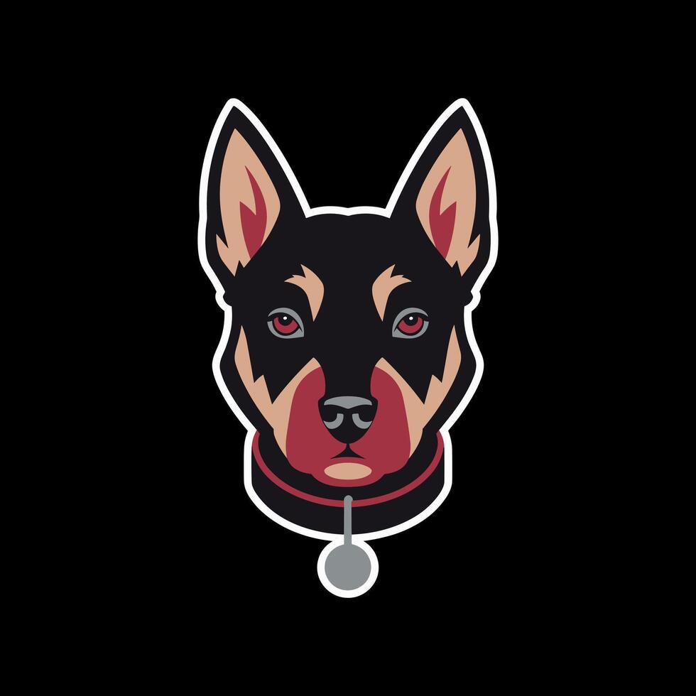 Black and Tan Dog Head Logo with Red Eyes and Collar on a Black Background vector
