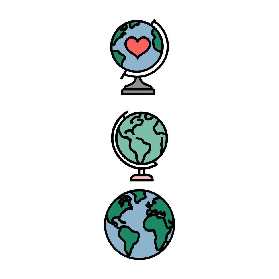 Set of Three Cartoon-Style Globe Illustrations, Featuring Earth with Continents and One with a Heart, Symbolizing Travel, Love, and Global Connection vector