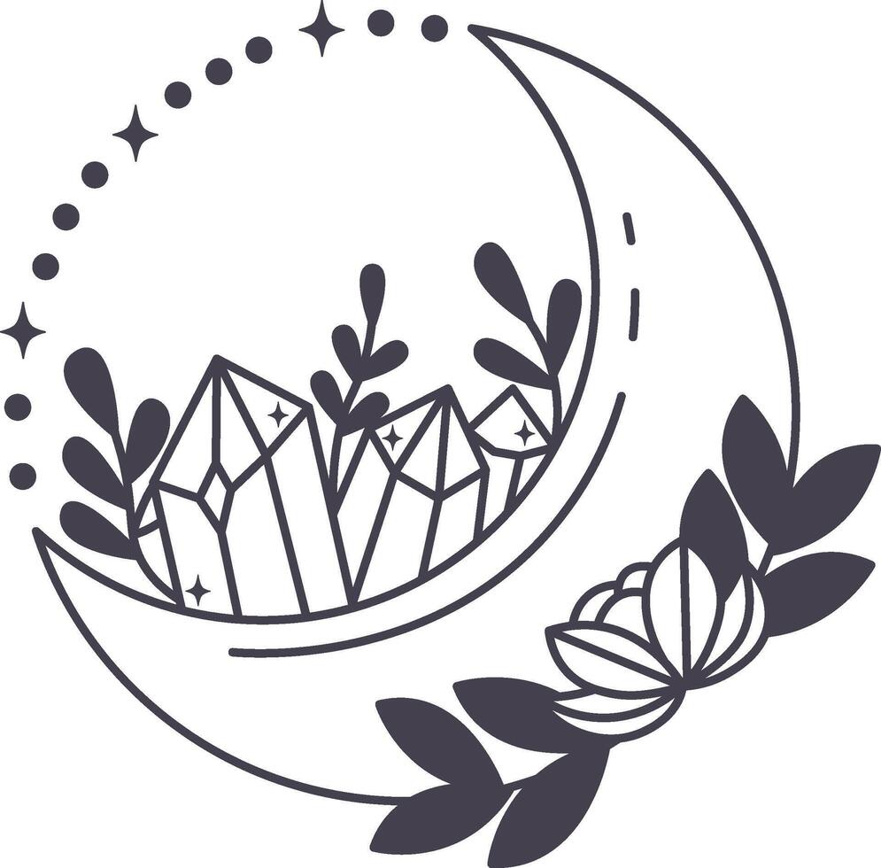 Crystals growing inside a crescent moon decorated with plants and surrounded by shining dotted stars, forming a mystical and elegant composition vector