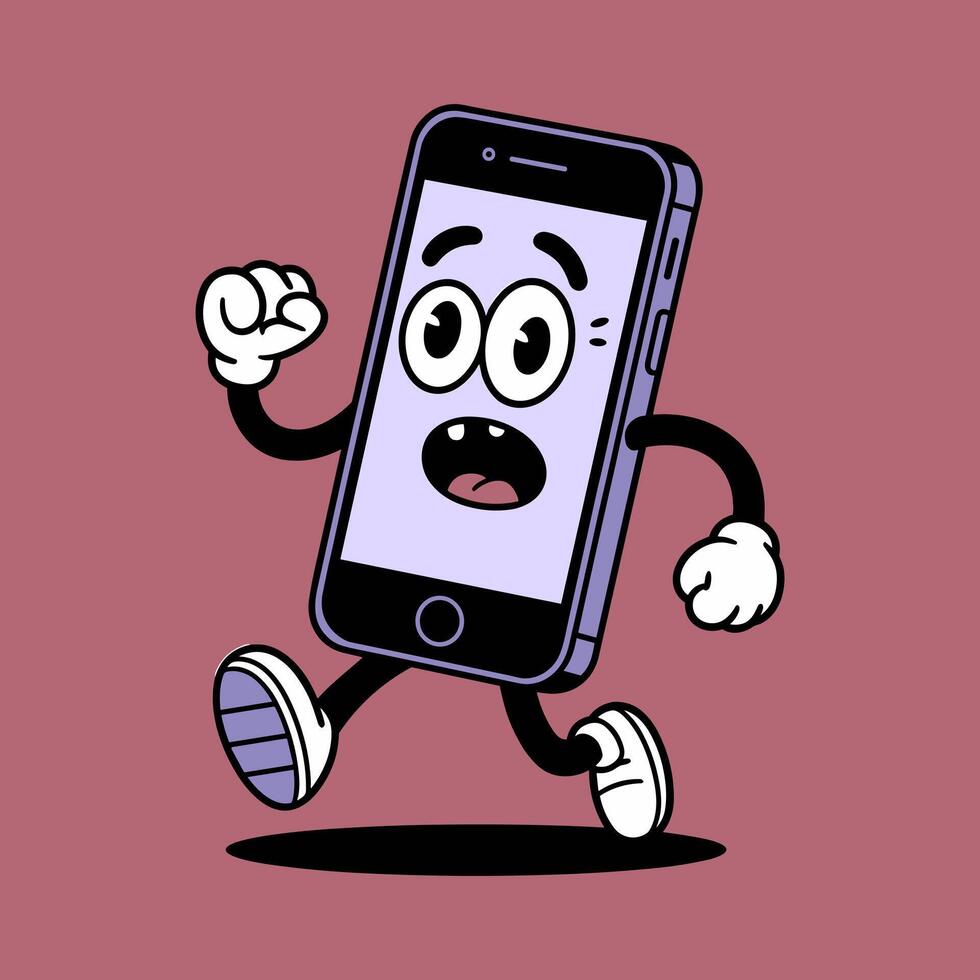Expressive Cartoon Mobile Phone Character Running with Wide Eyes and Open Mouth on Pink Background vector