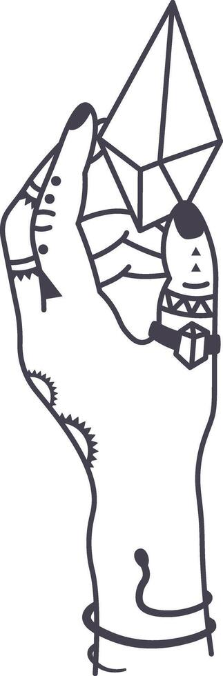 Hand adorned with various boho decorations, gracefully holding a clear quartz crystal, embodying an esoteric and spiritual concept in simple, elegant line art vector