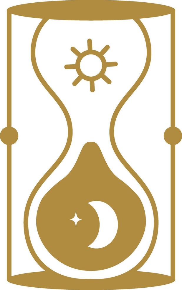 Gold hourglass featuring sun and moon inside, representing the passage of time from day to night. Symbolizing the continuous flow of moments, highlighting life's cycles and transitions vector