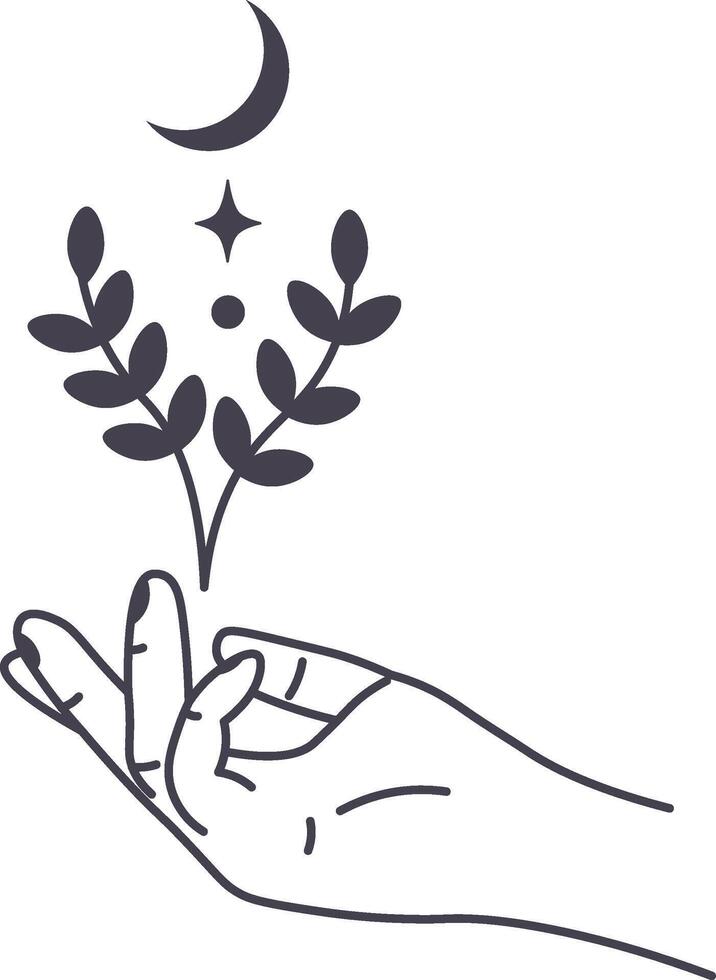 Line art drawing of a hand holding a branch with leaves, moon, and star, representing spirituality, magic, and connection with nature, suitable for esoteric or wellness projects vector
