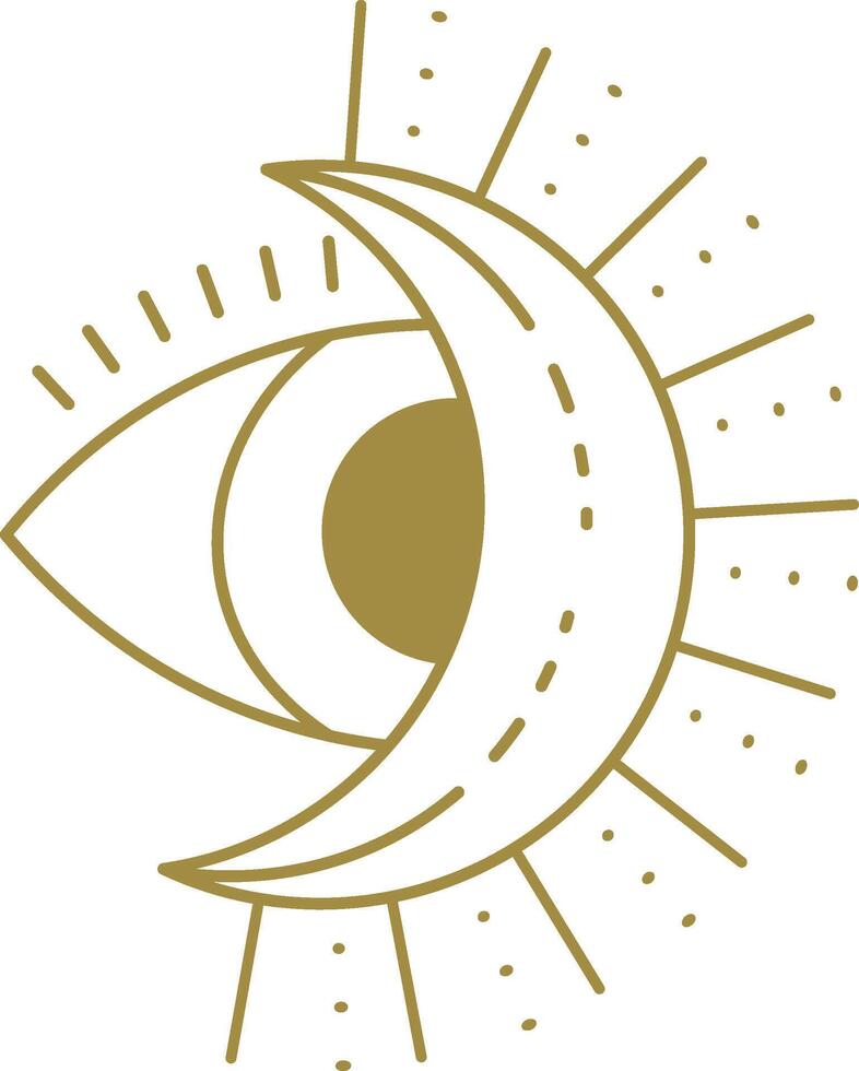 Golden esoteric symbol representing an eye and a crescent moon radiating light beams and small dots, ideal for spirituality, occultism, and magic themes vector