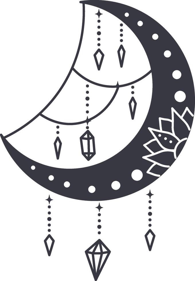 Mystical crescent moon adorned with dangling crystals and intricate floral patterns, evoking a sense of celestial magic and ethereal beauty vector