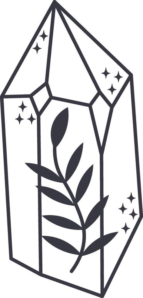 Sparkling crystal showcasing a plant with dark leaves, embodying wellness and esoteric themes while evoking new age concepts and a sense of tranquility and balance vector