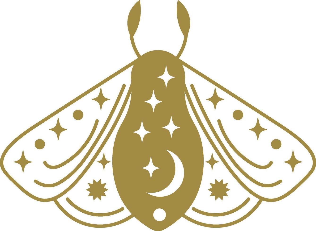 Mystical golden moth with open wings, decorated with crescent moon, stars and dots, flying in the night sky, representing esoteric concepts and spirituality vector