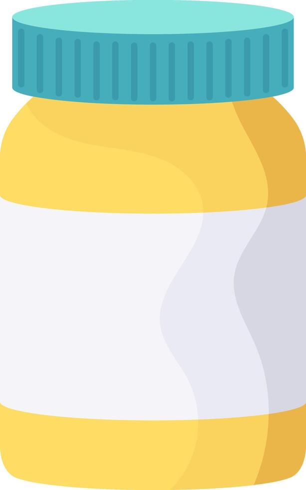 Creamy peanut butter filling a yellow plastic jar with blank white label and blue screw cap, ideal for branding and mockups, representing breakfast, snacks, and healthy eating vector