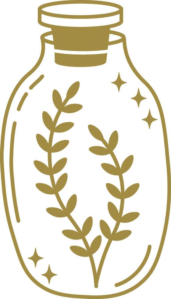 Golden leaves are preserved in a magic potion bottle with cork, creating a mystical and enchanting image, perfect for projects related to magic, nature, and wellbeing vector