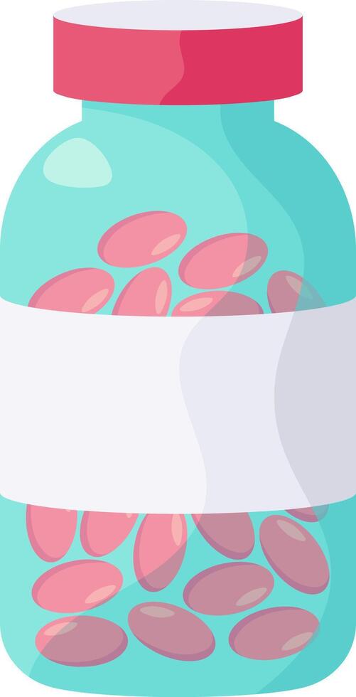 Pink pills resting inside a transparent medicine bottle featuring a blank white label and a vibrant red lid, offering ample opportunity for customization and branding vector