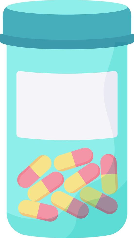 Colorful medical capsules are stored inside a transparent medicine bottle featuring a large blank white label, ideal for adding custom text or branding vector