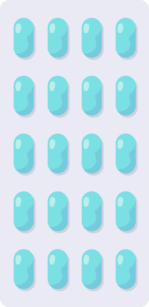 Blister pack containing twenty light blue oval capsules arranged in five rows of four, representing medication, healthcare, and pharmaceutical products vector