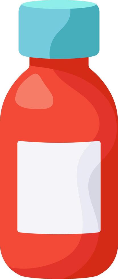 Red medicine bottle with blank white label for adding custom text and light blue screw cap is standing on white background, simple flat illustration vector
