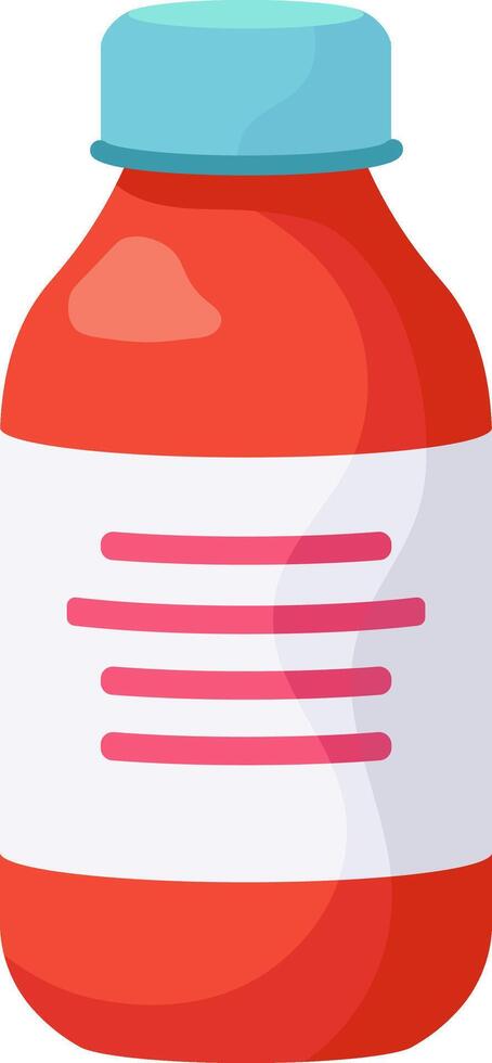 Red plastic medicine bottle with blank white label featuring four pink horizontal lines and light blue cap, promoting health, wellness, and pharmaceutical industry vector