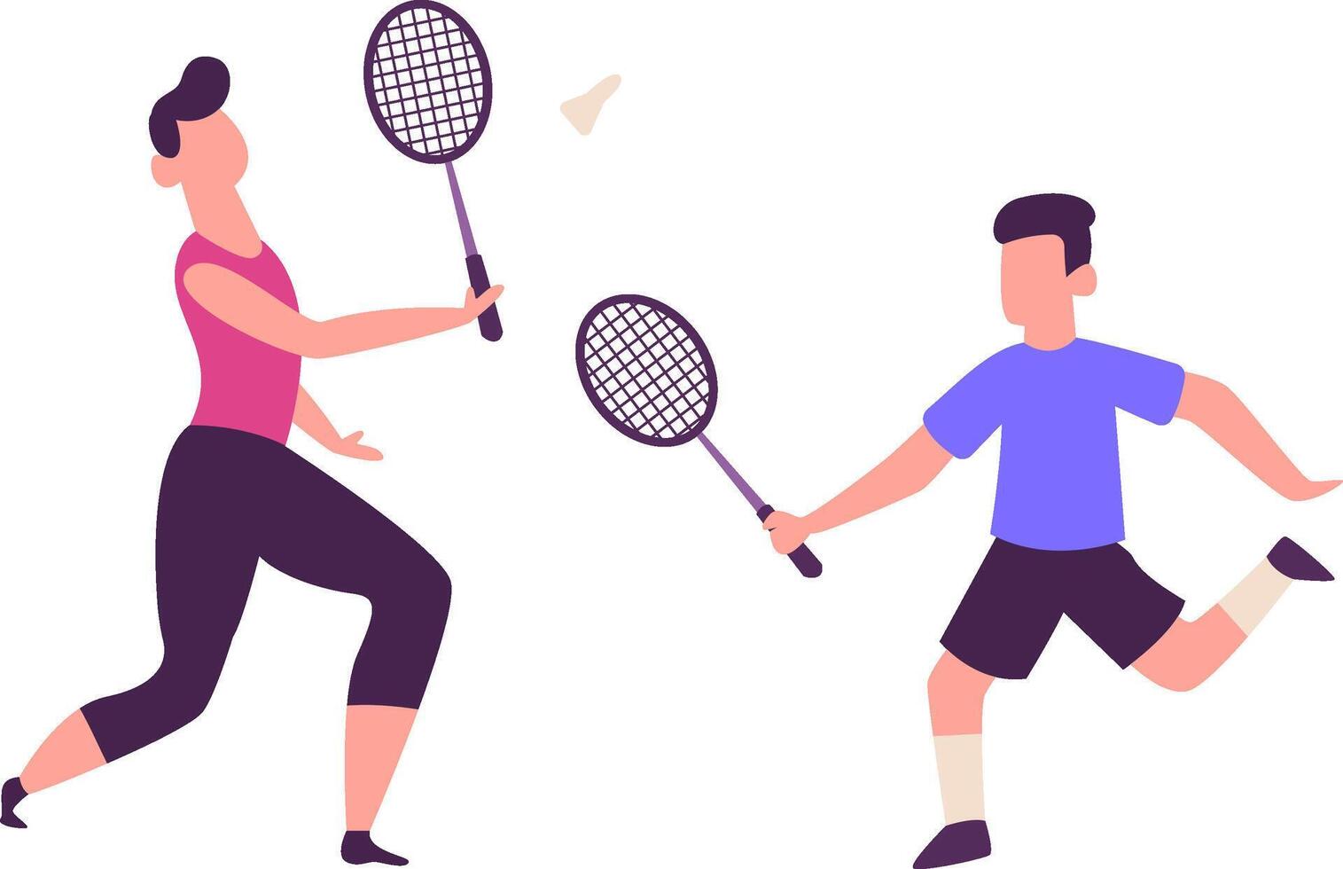 Two professional badminton athletes are playing on a court, hitting the shuttlecock with their rackets during a training session, showing their athleticism and skill vector