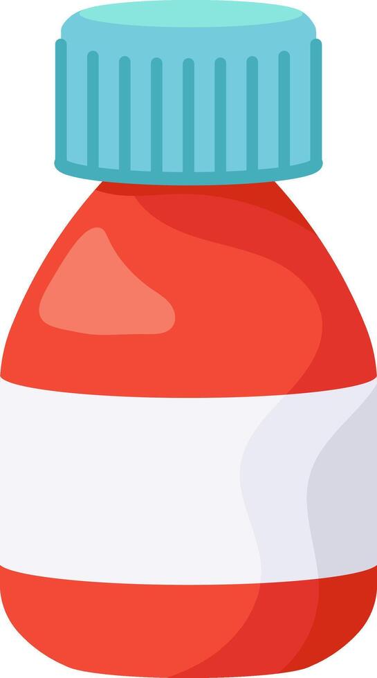Red plastic medicine bottle with blank white label and light blue ribbed cap, representing healthcare, pharmaceuticals, and medical treatments vector