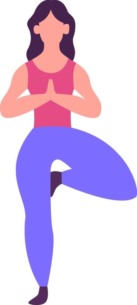 Yoga instructor performing tree pose, balancing gracefully on one leg while placing hands in a prayer position, embodying mindfulness, flexibility, and inner peace vector