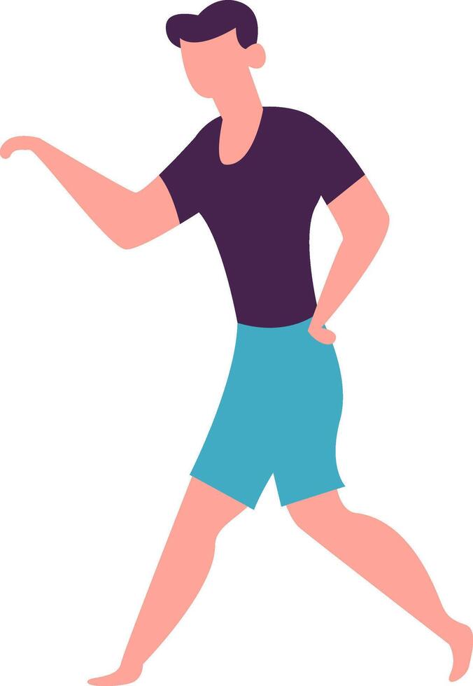 Young barefoot man wearing shorts and a t shirt walks while gesturing with his hand, actively communicating and perhaps explaining something during a leisurely summer day vector