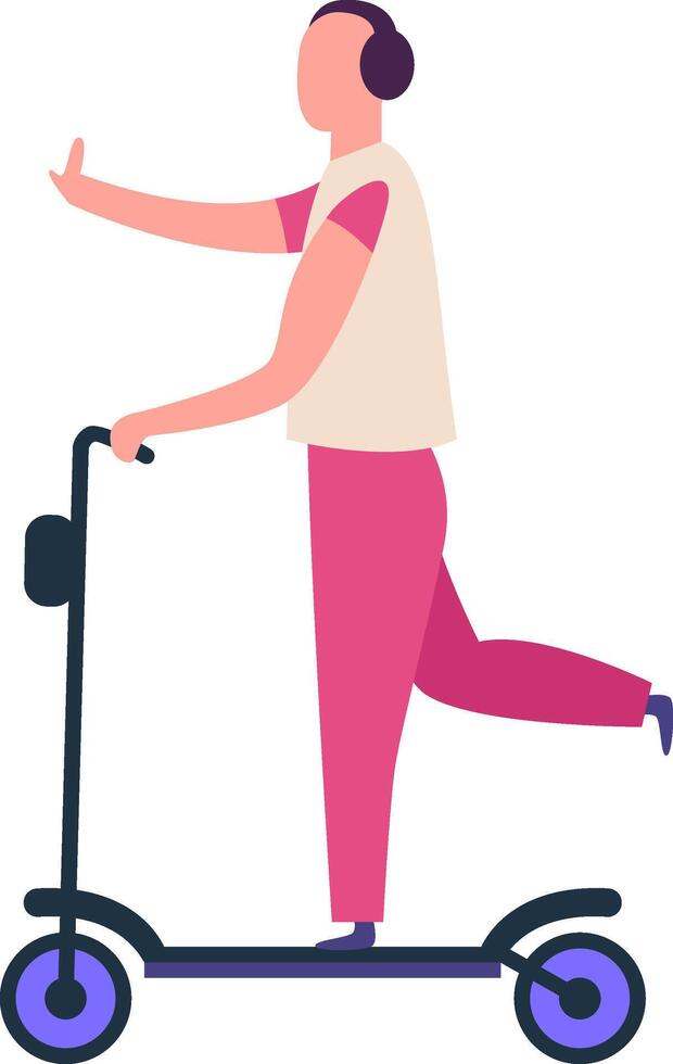 Young man waving while riding an electric scooter wearing headphones, enjoying his commute in a modern and eco friendly way, isolated on a white background vector