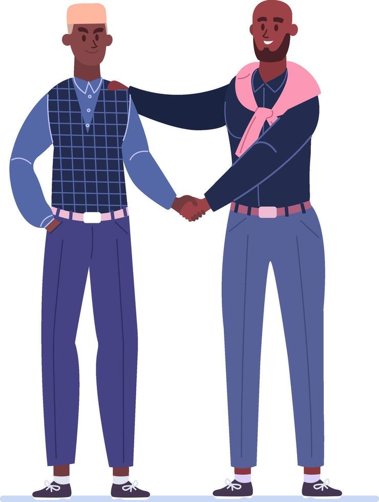 Two elegant businessmen shaking hands, sealing a deal and initiating a new collaboration, embodying the essence of partnership and professional agreement in a corporate setting vector
