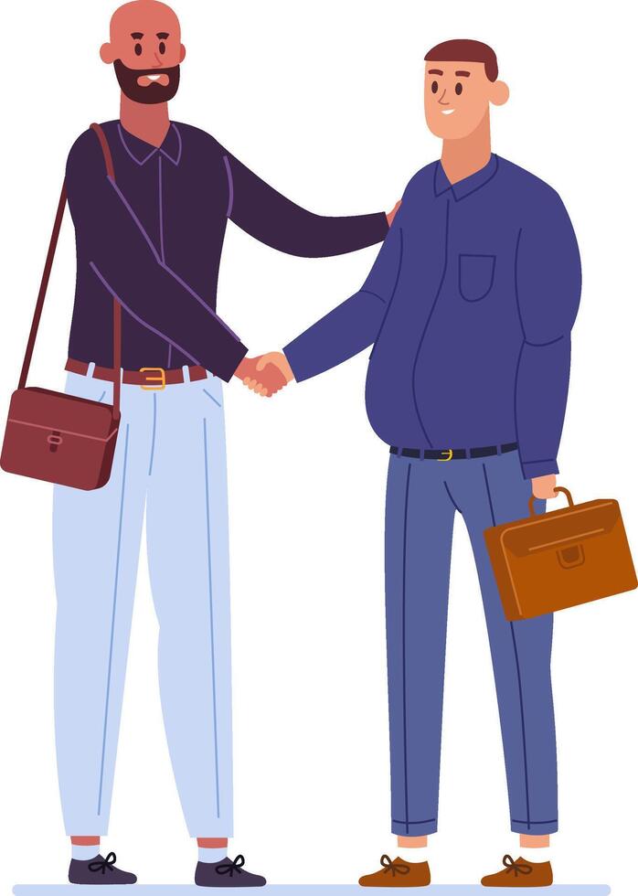 Two businessmen shaking hands after successfully reaching an agreement, holding briefcases while concluding a productive business negotiation in a corporate office setting vector