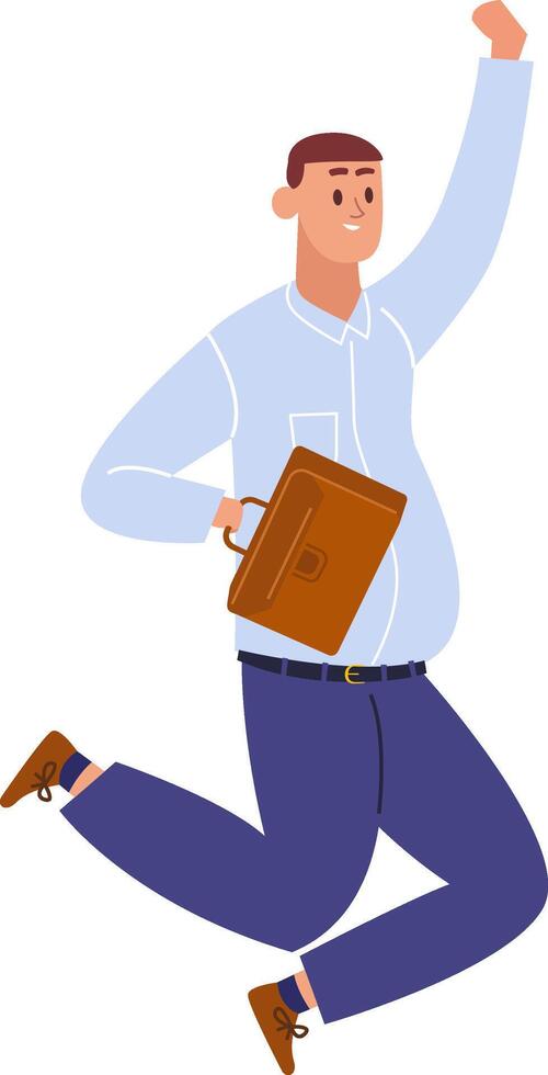 Happy businessman jumping, celebrating his success, holding a briefcase and raising his fist in the air, expressing joy and achievement in his career vector