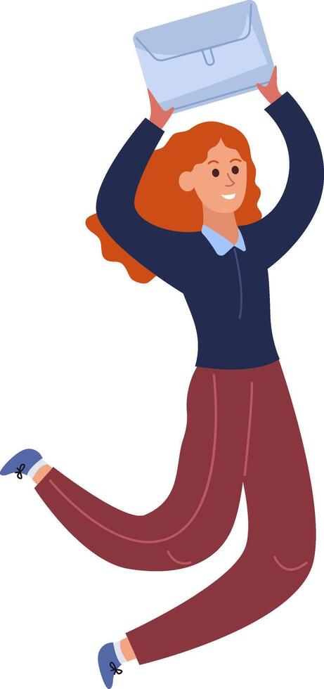 Joyful businesswoman with vibrant red hair jumping high while holding her briefcase above her head, celebrating a significant achievement, promotion, or success in her career vector