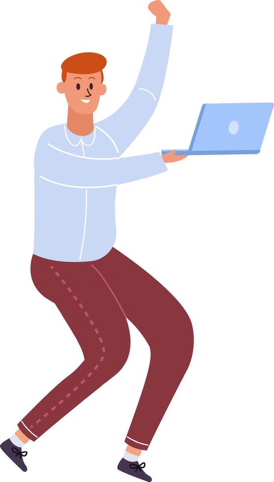 Office worker celebrating a work achievement holding a laptop in one hand and raising the other arm with clenched fist, expressing joy and enthusiasm for reaching a goal vector