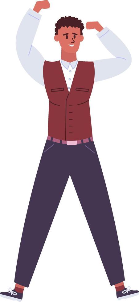 Successful businessman flexing muscles and celebrating achievements, radiating strength and confidence. Isolated illustration capturing the essence of business success and motivation vector