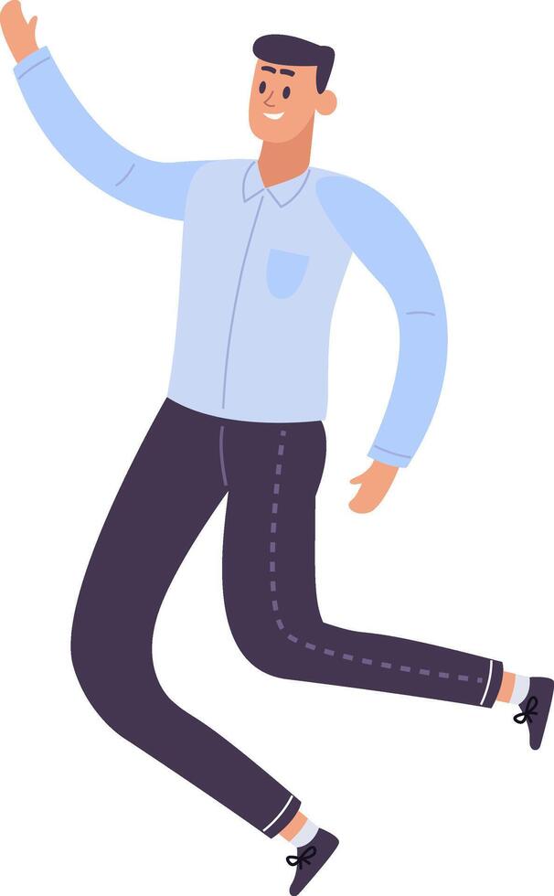 Office worker celebrating a significant achievement, jumping with one hand raised high, radiating joy and enthusiasm while smiling broadly, embodying positive energy and motivation vector