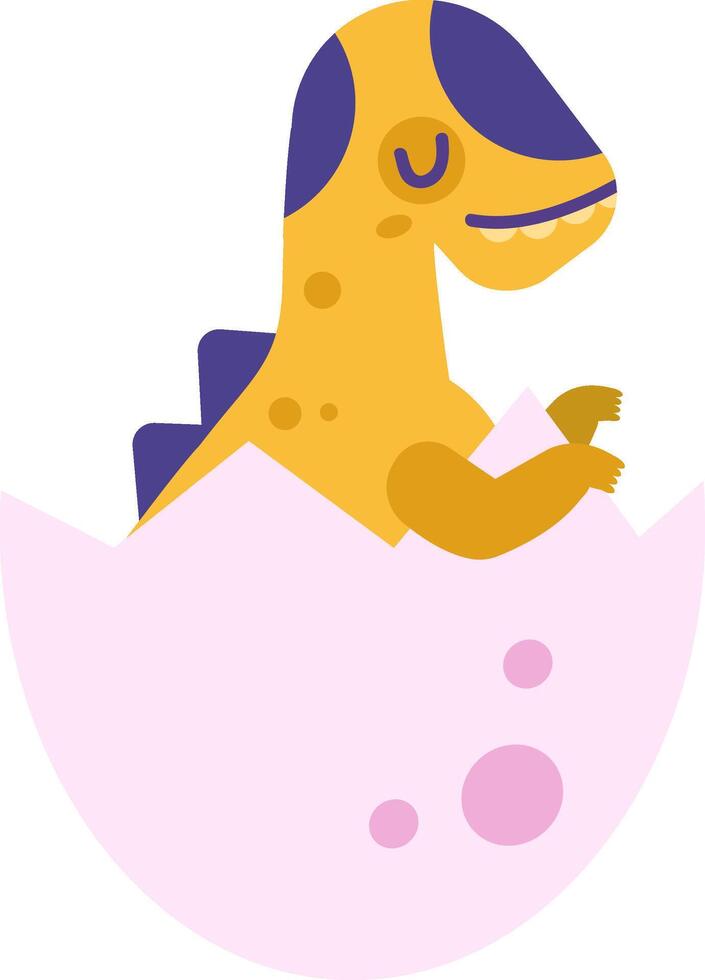 Cartoon illustration of a yellow and purple baby dinosaur hatching from a light pink egg with purple spots, perfect for children's books, clothing, and nursery decorations vector