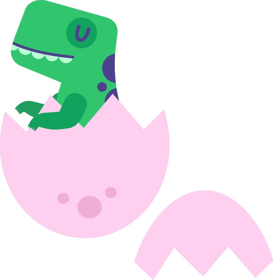Green baby dinosaur emerging from a pink egg, showcasing a surprised expression, perfect for children's illustrations, greeting cards, and playful designs for various occasions vector