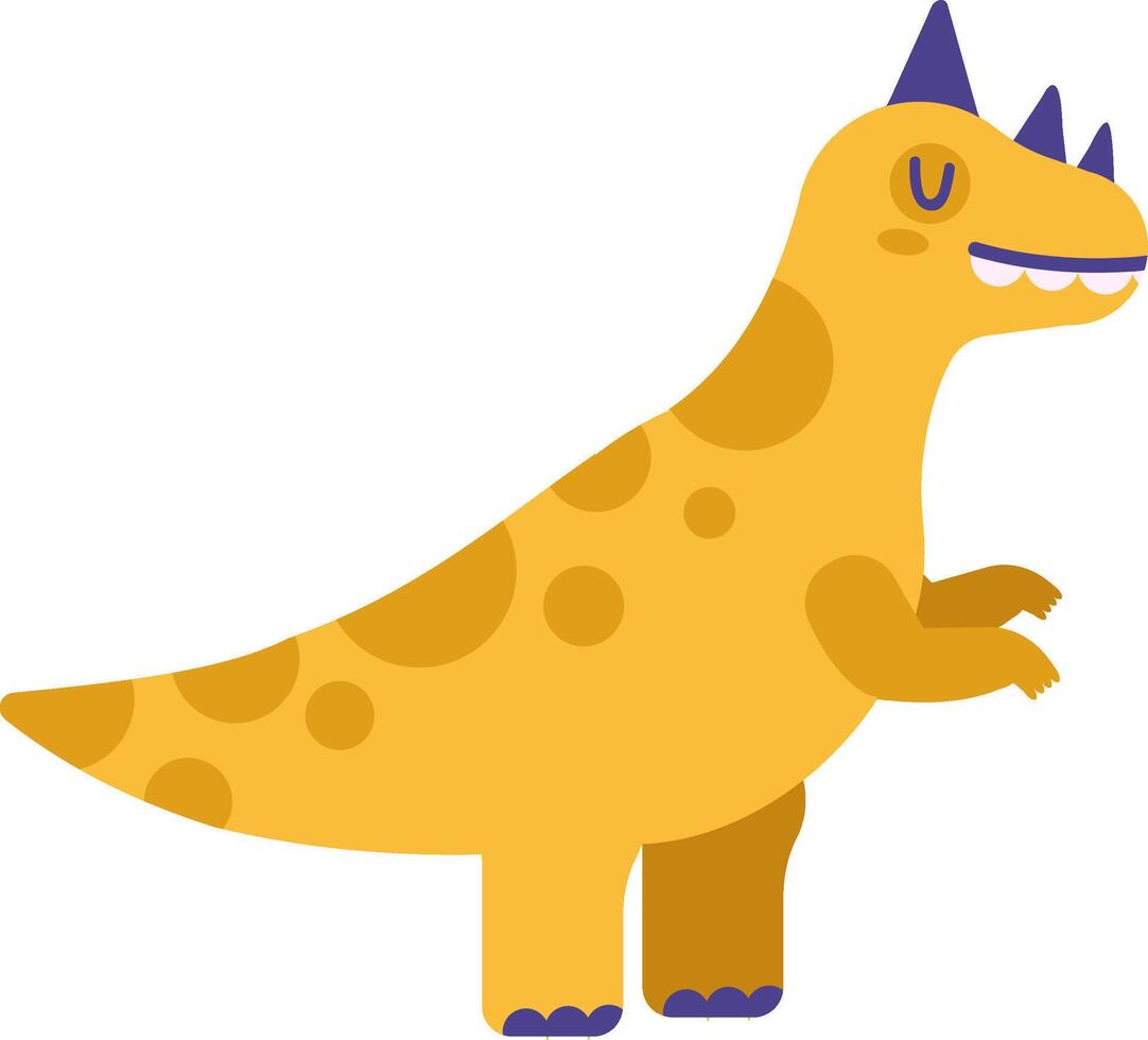 Stylized illustration of a yellow ceratopsian dinosaur standing on two legs, showing its teeth in a funny smile, with purple horns and claws, suitable for children products vector