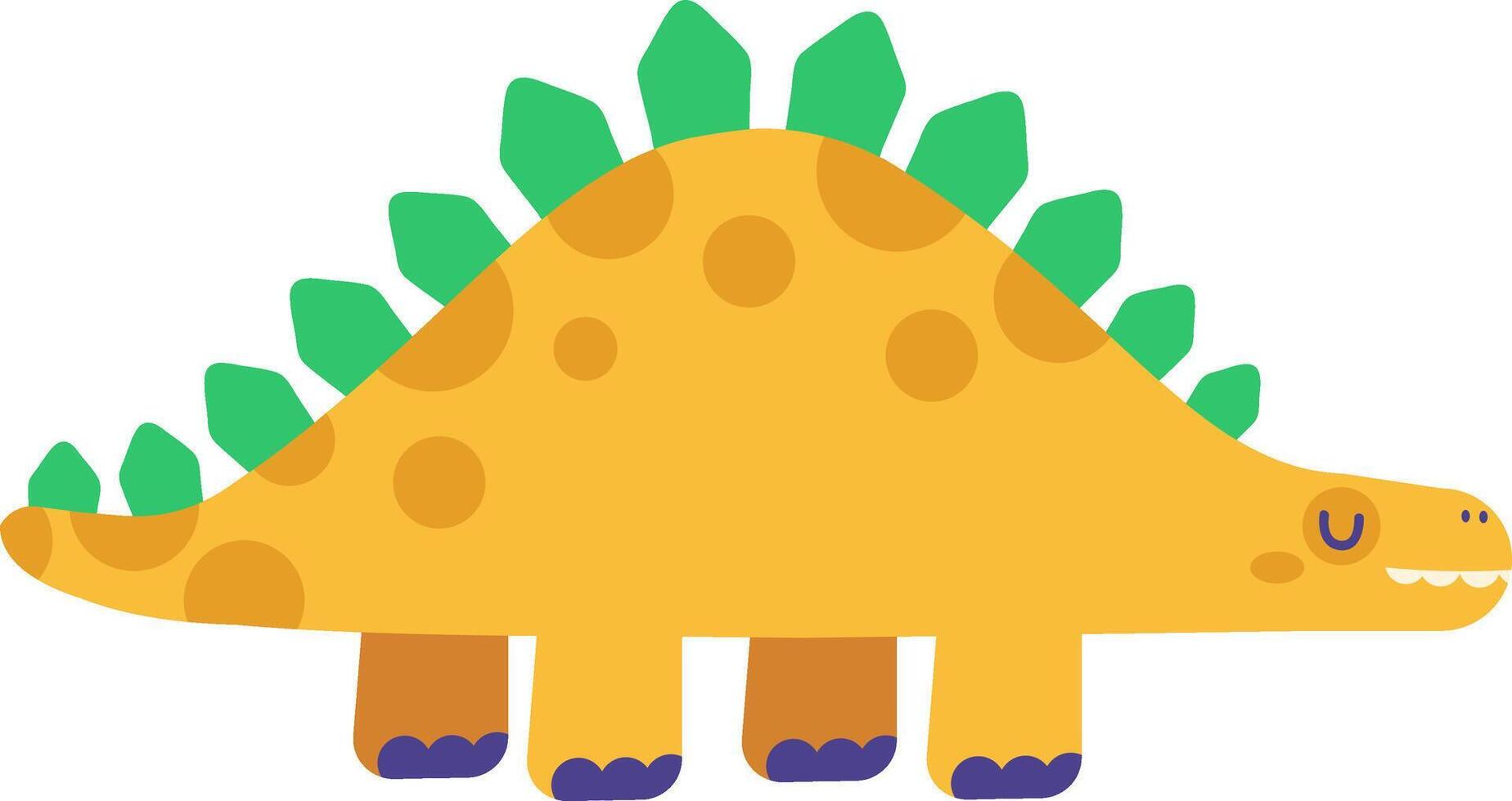 Cartoon stegosaurus with yellow body, purple feet, green plates on the back and orange spots is walking and smiling happily on a white background vector