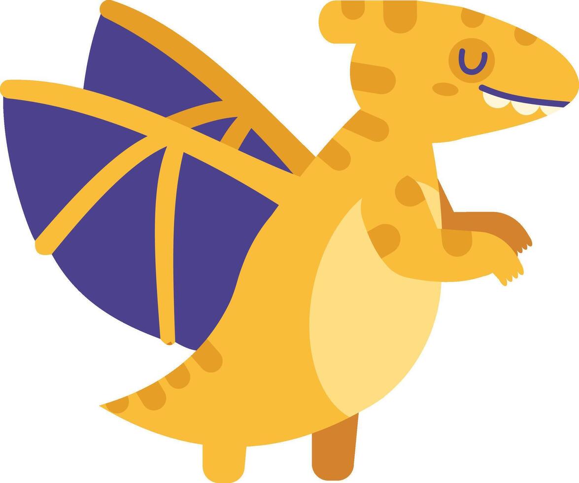 Cartoon illustration of a smiling pterodactyl dinosaur flapping its purple and yellow wings, showing teeth and claws, isolated on white background vector