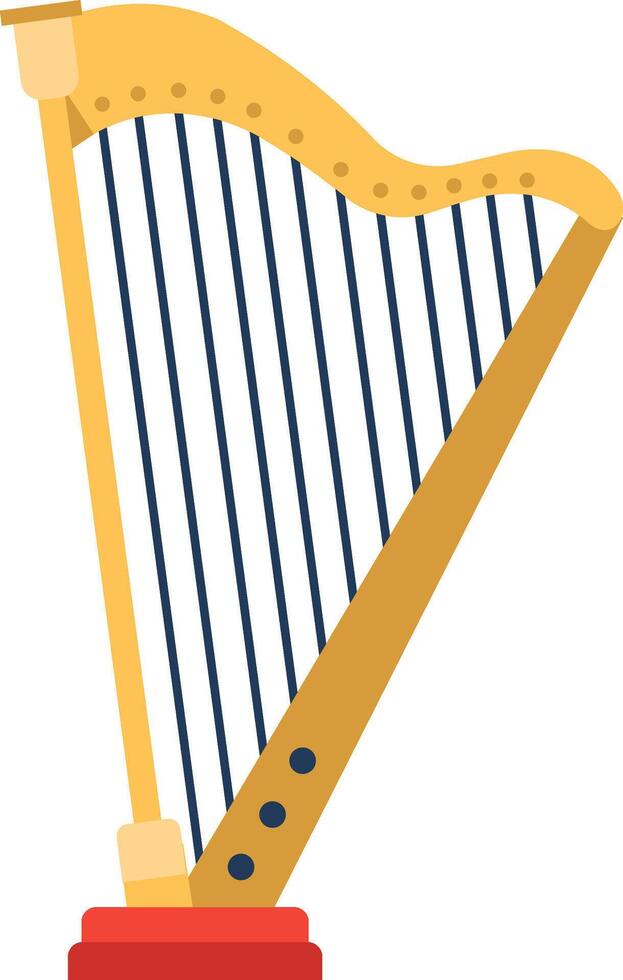 Classical harp standing on a red base, featuring blue strings and a golden frame, representing a musical instrument used in orchestras and classical music performances vector