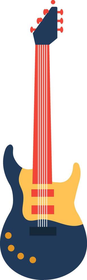 Colorful electric guitar with red neck and fingerboard, blue and yellow body, and black headstock standing on a plain white background, representing music, entertainment, and creativity vector