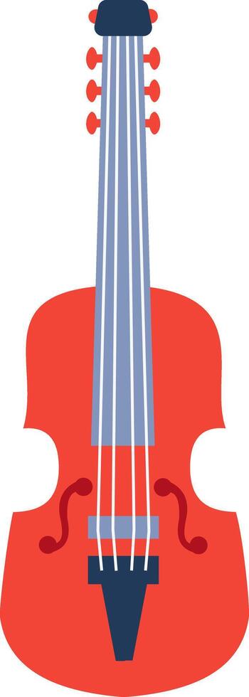 Red cello showing strings, sound holes, bridge, tuning pegs, fingerboard and scroll, in vertical position, isolated on white background, representing classical music and string instruments vector