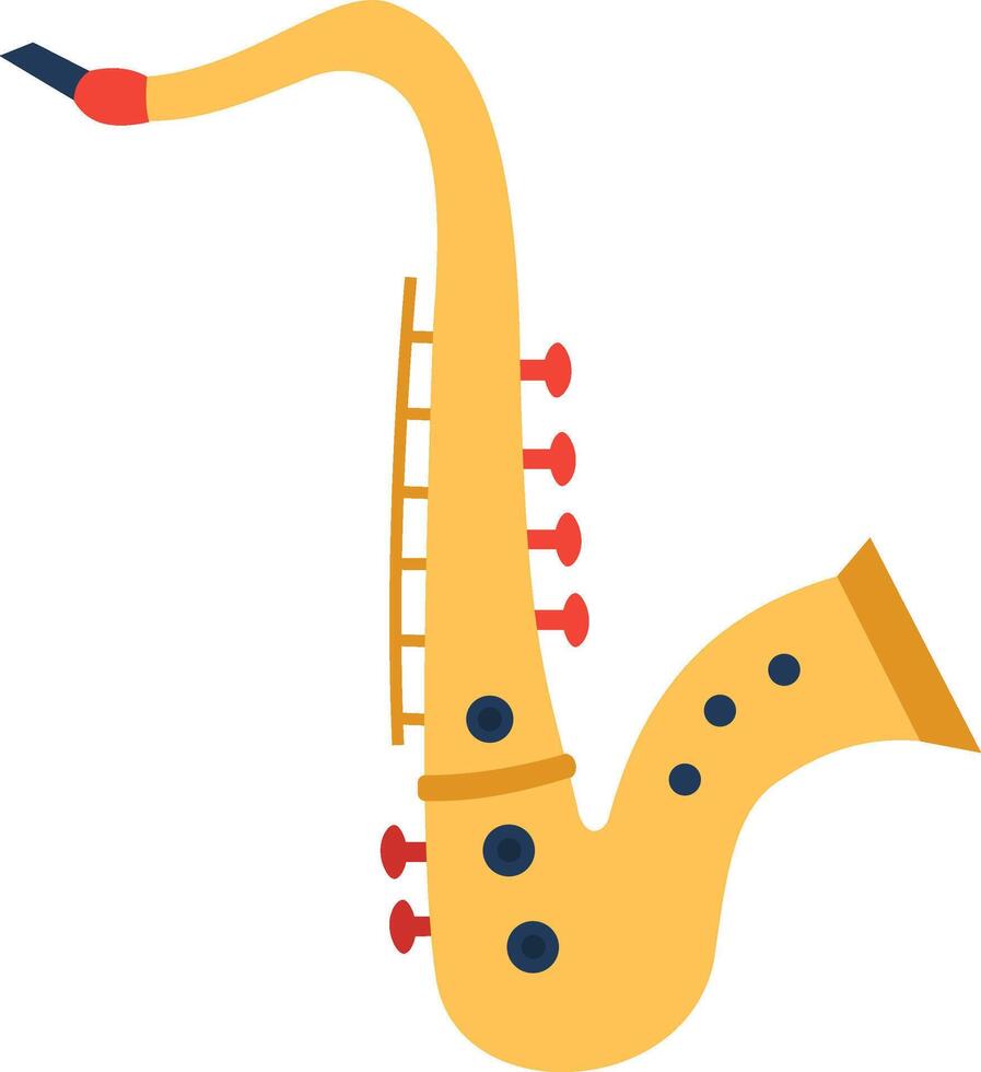 Cartoon illustration of a yellow saxophone standing vertically with red and blue keys, isolated on a white background, representing music, jazz, and wind instruments vector